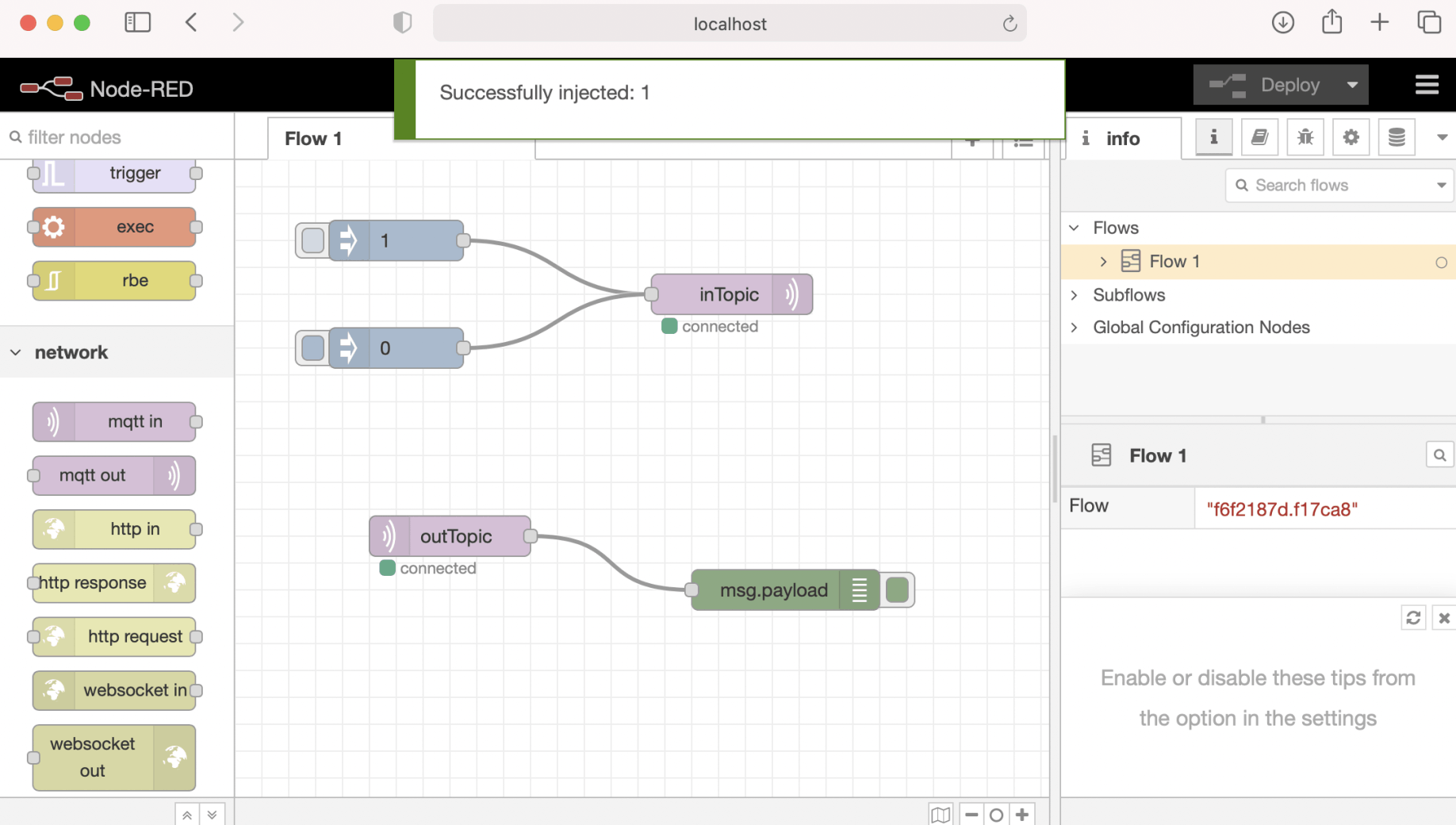 "mqtt out" node publishes "1" or "0" to the "inTopic" and ESP8266 LED turns on or off.