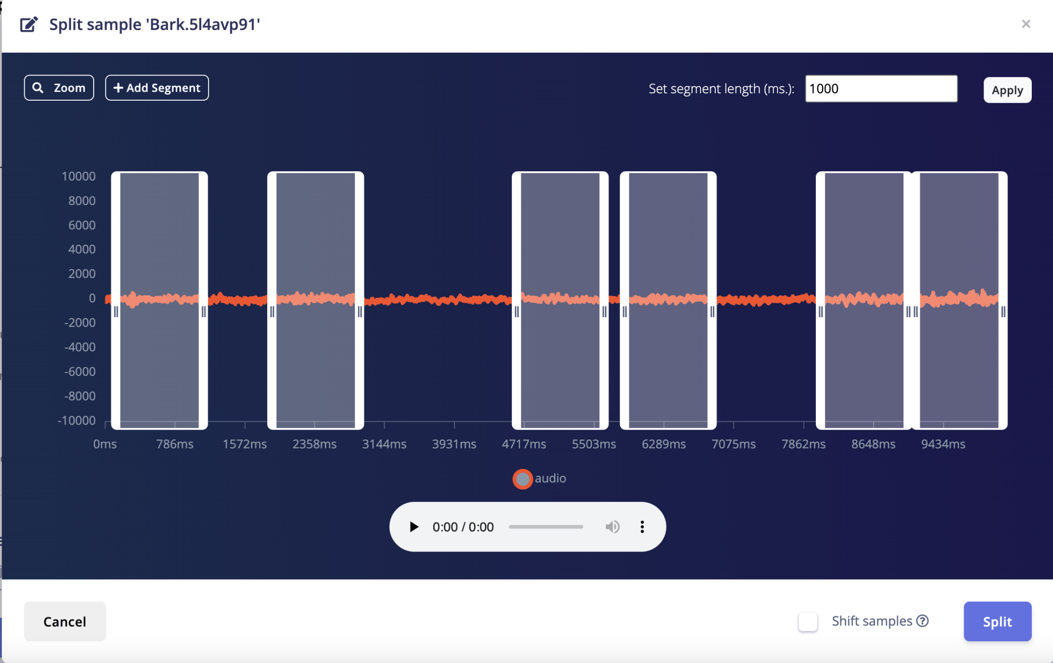 Edge Impulse highlighted 6 interesting segments. I clicked the Split button
