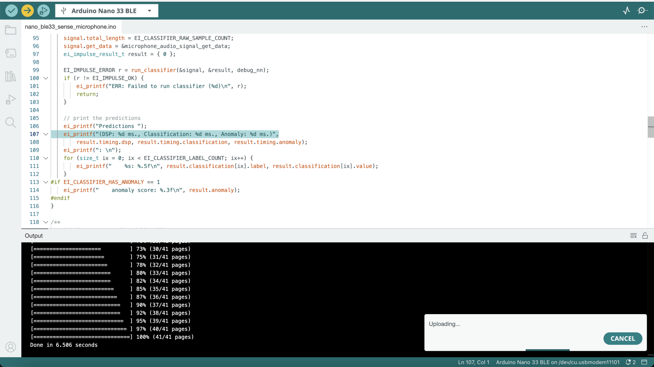I waited for the sketch to be uploaded to the Arduino Nano 33 BLE Sense