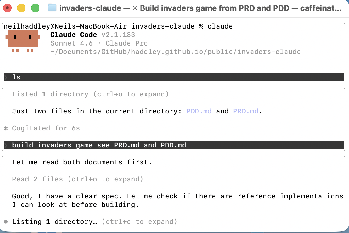 I launched Claude Code v2.1.183 (Sonnet 4.6) in the invaders-claude folder — it read the PRD and PDD and immediately started planning the build