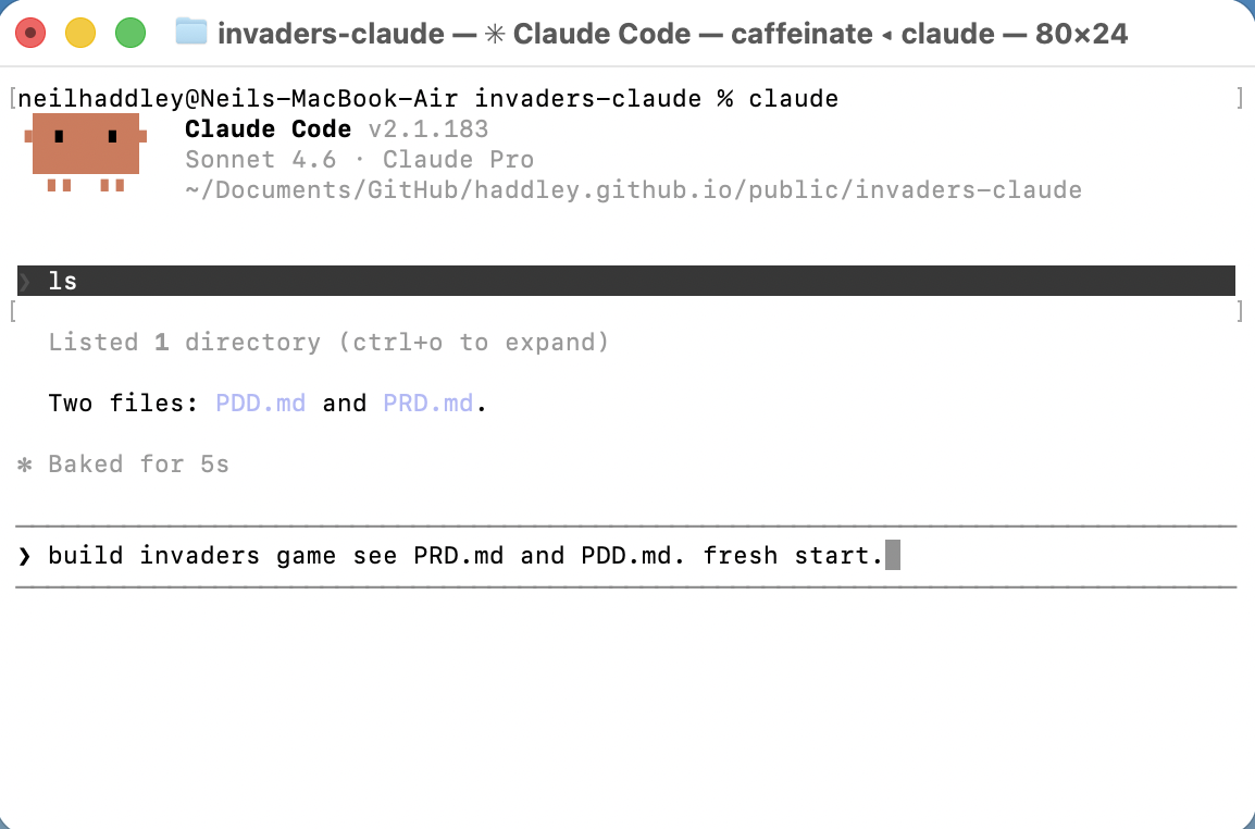 I restarted with a clean prompt: "build invaders game see PRD.md and PDD.md. fresh start."