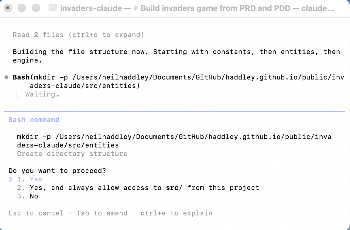 Claude Code announced the plan — constants, entities, then engine — and asked permission to create the directory structure