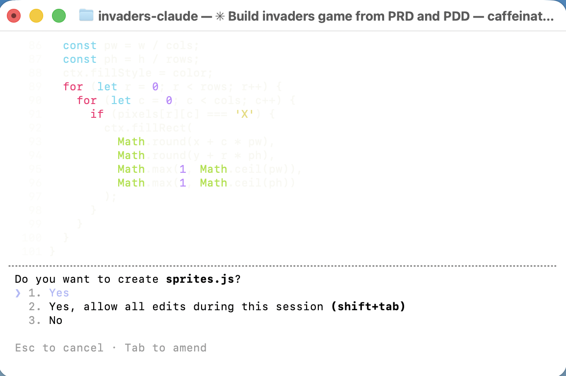 Claude Code wrote sprites.js, defining all the pixel-art alien and player sprites as ASCII string arrays