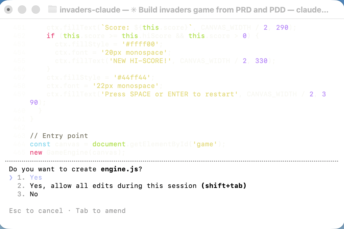 Claude Code wrote engine.js — the game loop, state machine, collision detection, score and wave management