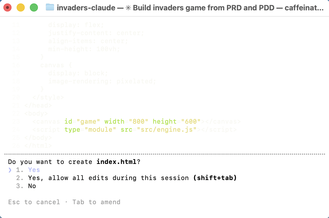 Claude Code asked permission to create index.html, showing the canvas element and the script tag loading engine.js