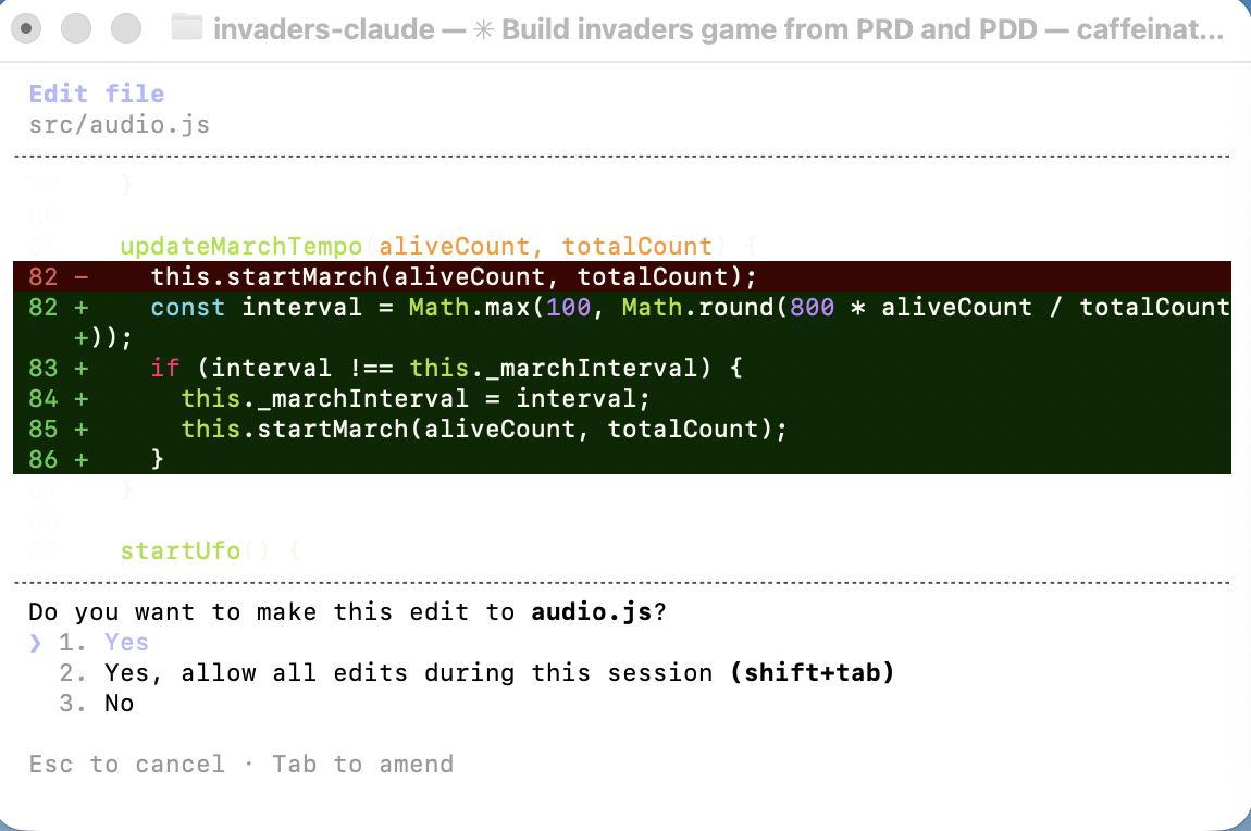 Claude Code refined the march tempo in audio.js — the interval now scales dynamically with the number of remaining aliens