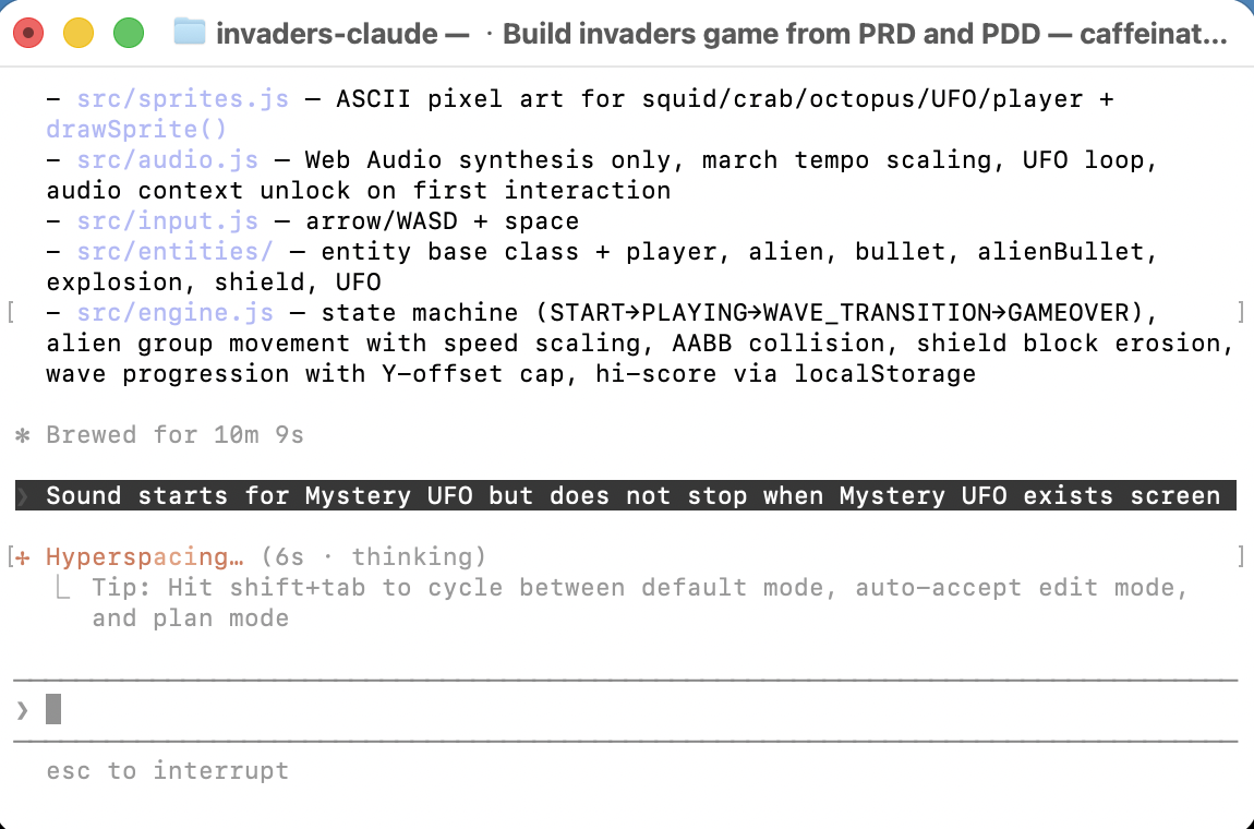 Claude Code listed everything it had built, then spotted the UFO audio bug: the saucer sound didn't stop when it left the screen