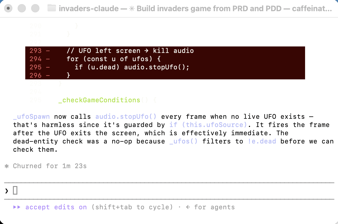 Claude Code fixed it: `audio.stopUFO()` now fires as soon as the UFO exits the screen, before the dead-entity filter removes it from the array