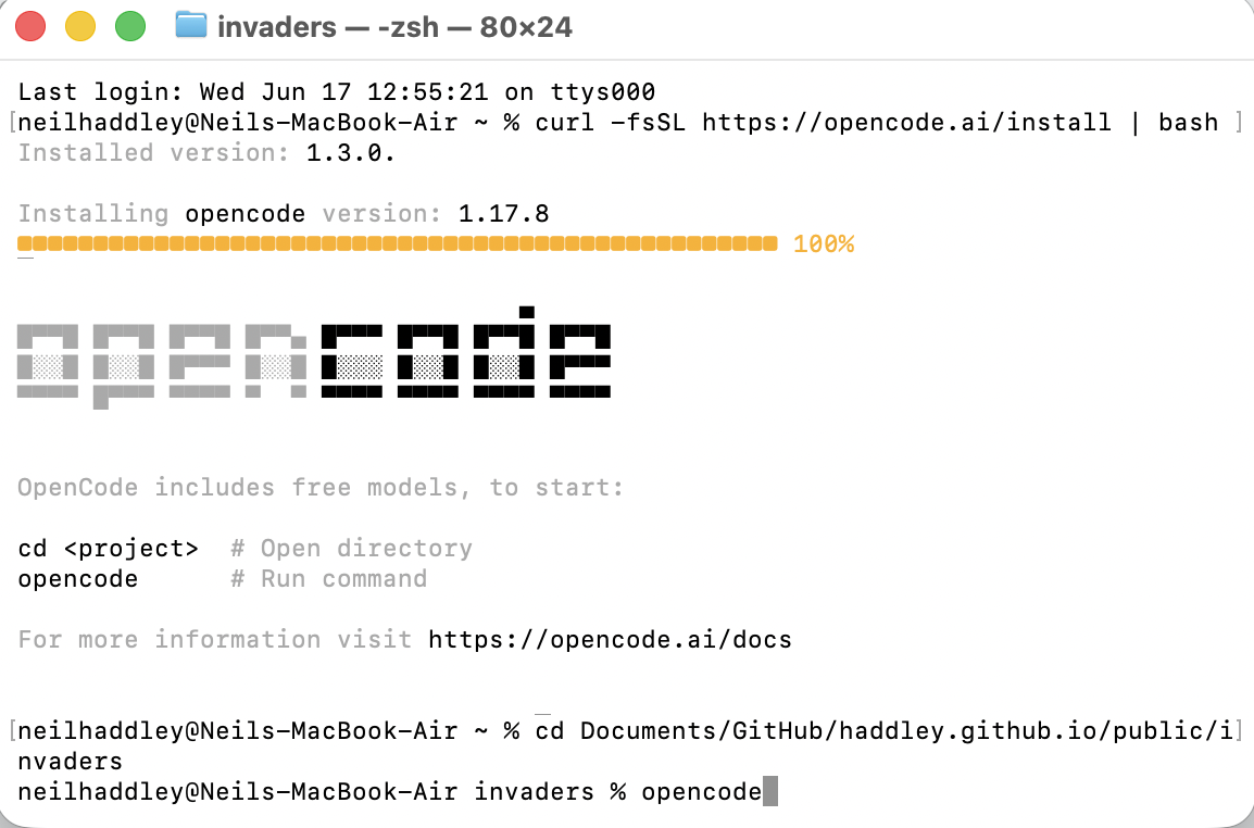 I ran `opencode` in the invaders project folder