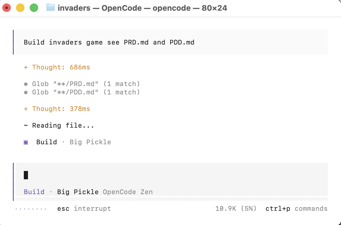 OpenCode read both documents and started the Build task using the Big Pickle model