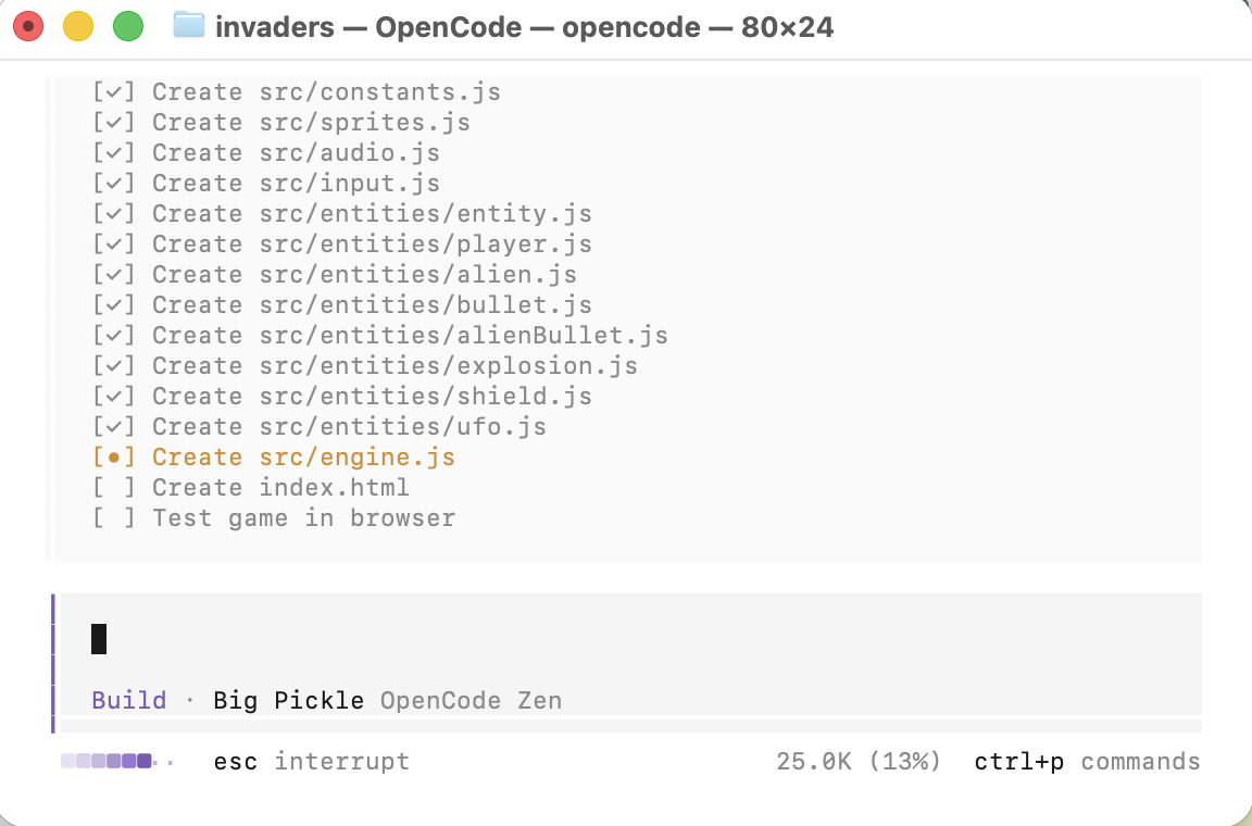 OpenCode created all the source files — constants, sprites, audio, input, entities, and the engine