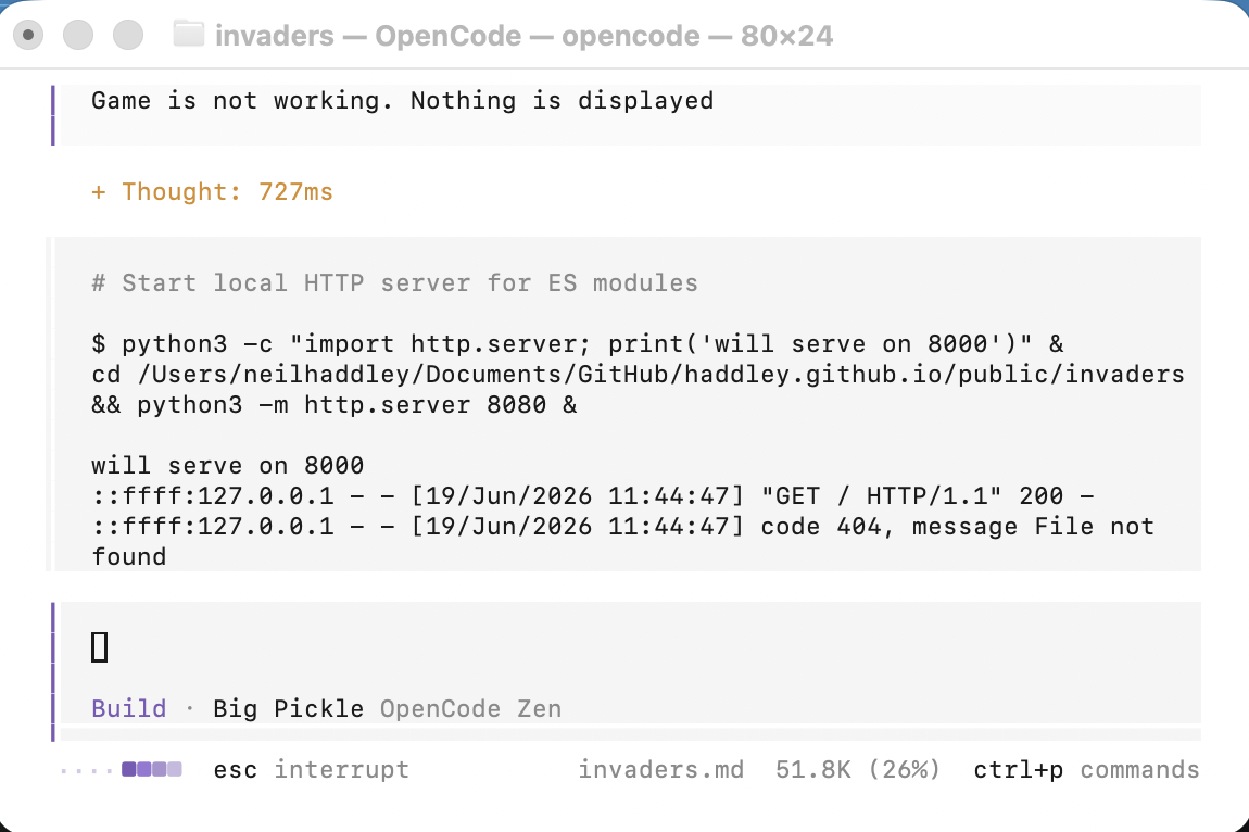 OpenCode spun up a local HTTP server to serve the ES modules and immediately spotted a 404 — the game loop was never reaching the START state