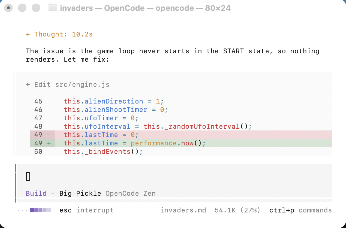 OpenCode diagnosed the issue: `this.lastTime` was initialised to `0`, causing a huge delta on the first frame that broke the game loop. It changed it to `performance.now()`