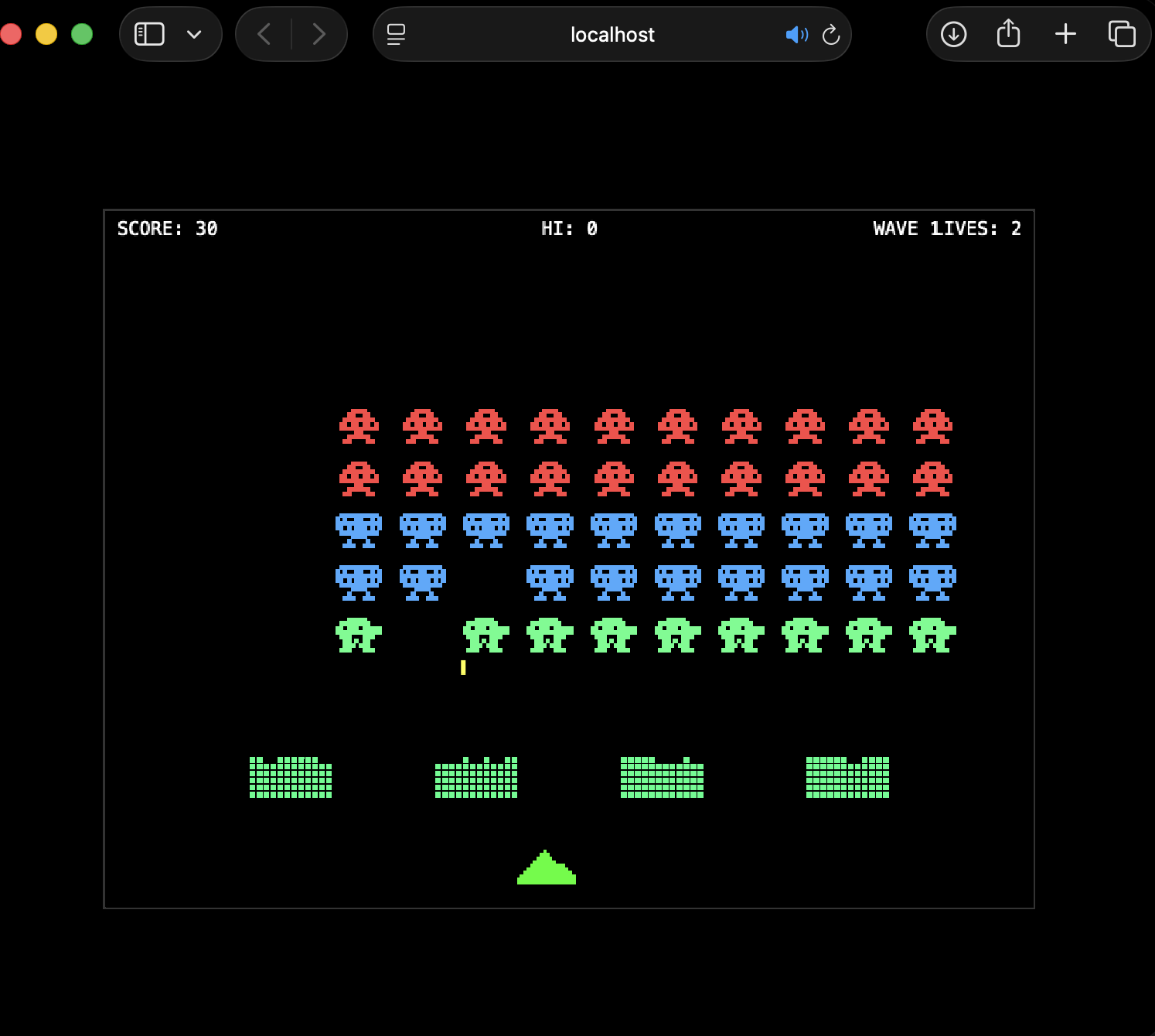 The game was running — all three alien types, four shields, the player cannon, score and lives tracking