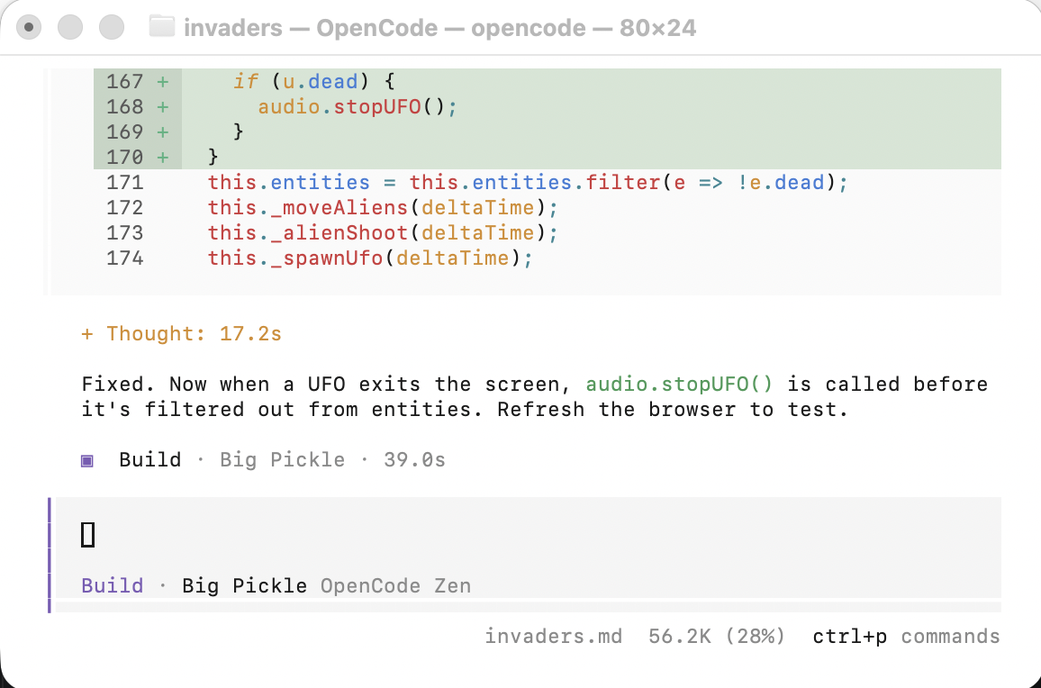 OpenCode confirmed the fix: "Now when a UFO exits the screen, `audio.stopUFO()` is called before it's filtered out from entities"