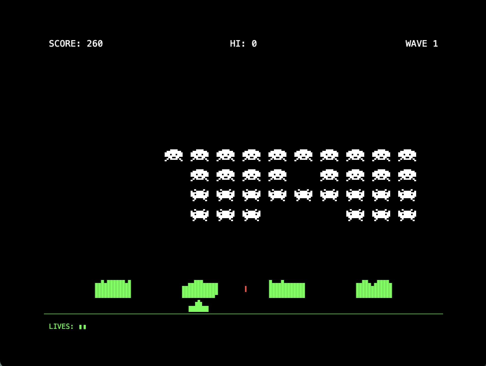 I played a round — the formation thinned to about 34 aliens, the shields took damage, and the score reached 260