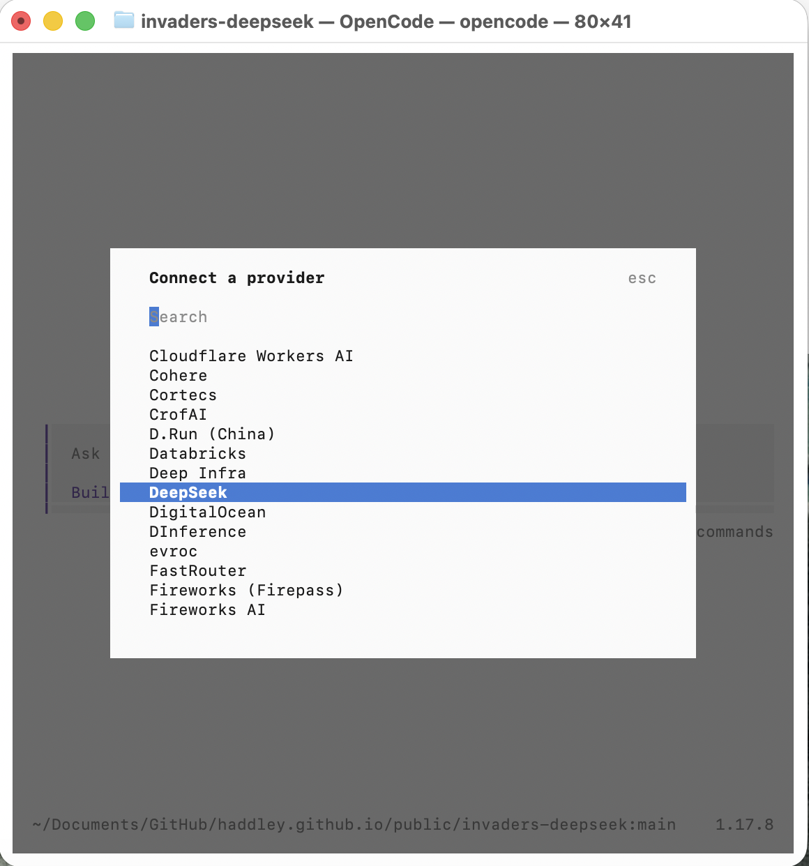 I typed `/connect`, searched for DeepSeek, and selected it from the provider list