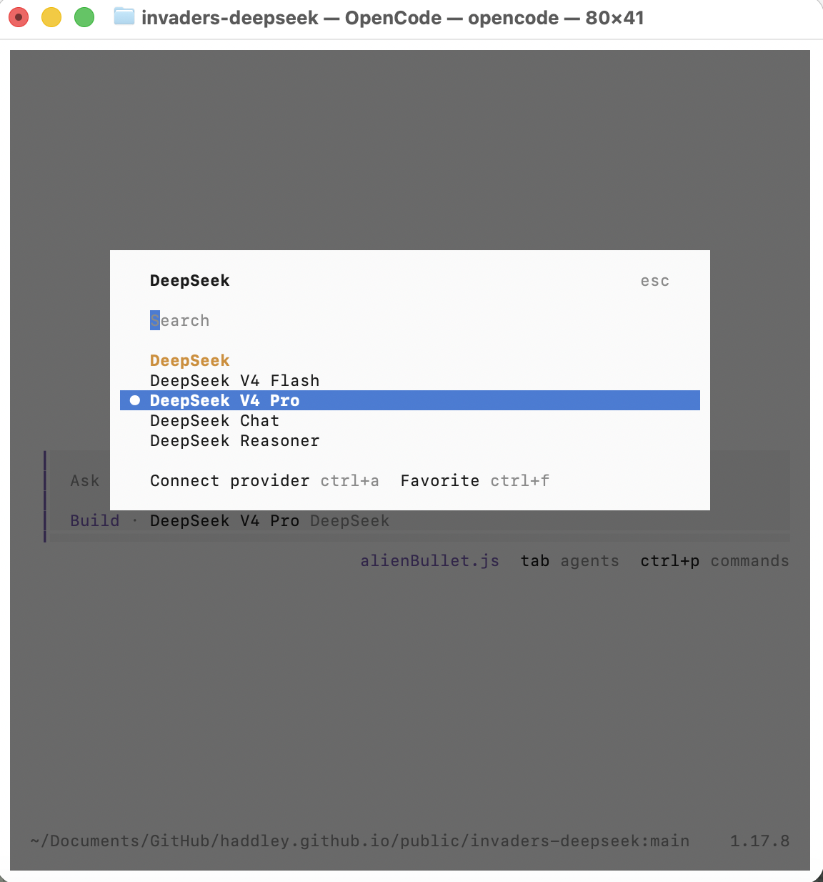 I selected DeepSeek V4 Pro from the model list