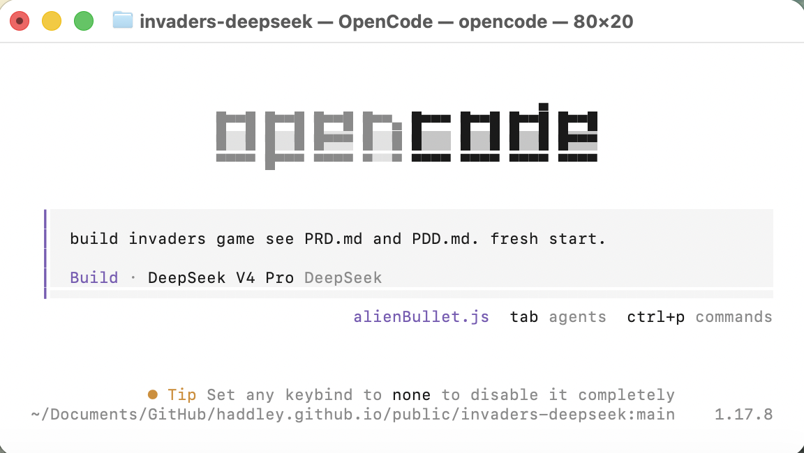 I entered the same prompt — "build invaders game see PRD.md and PDD.md. fresh start." — with DeepSeek V4 Pro