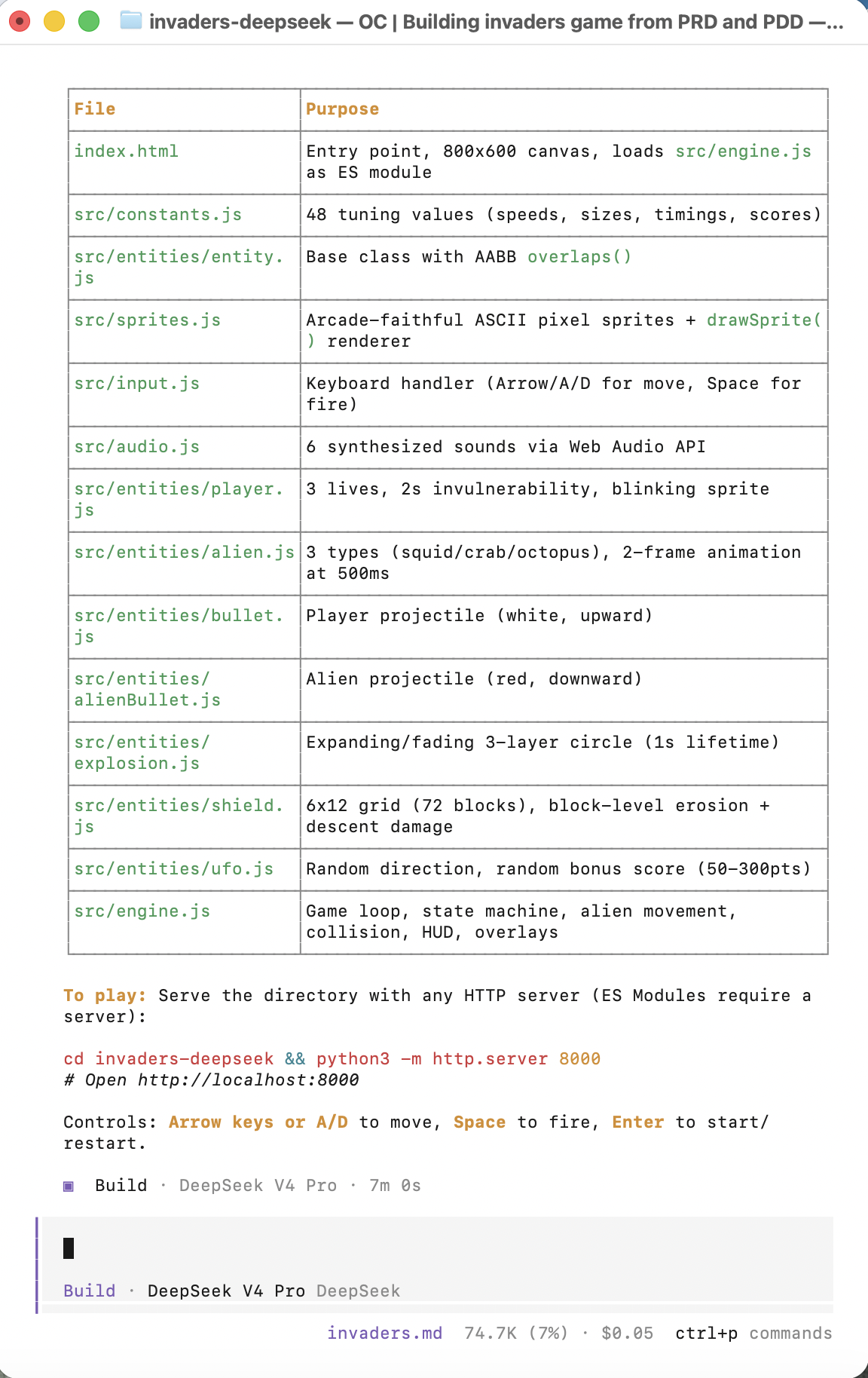 DeepSeek outlined the full file structure and started a local HTTP server to serve the ES modules