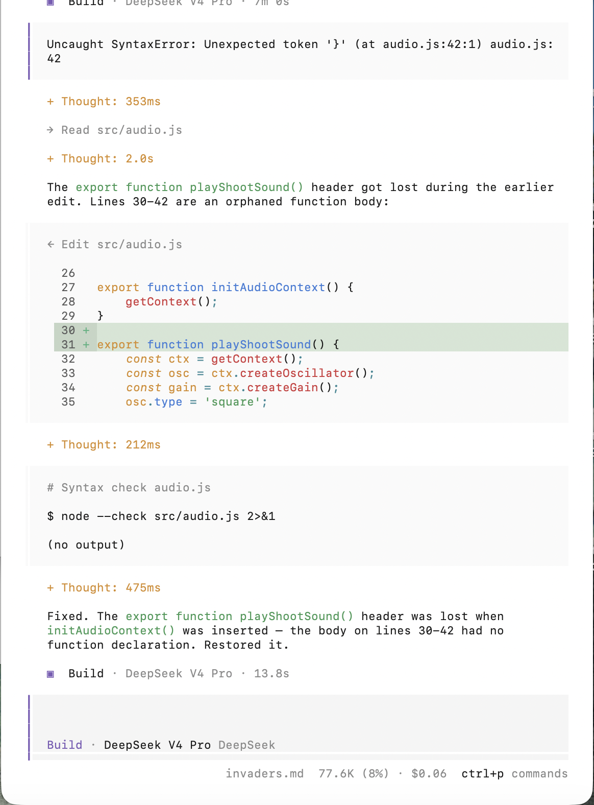 DeepSeek diagnosed and fixed it: the `playSound()` function header had been separated from its body. It restored the declaration.