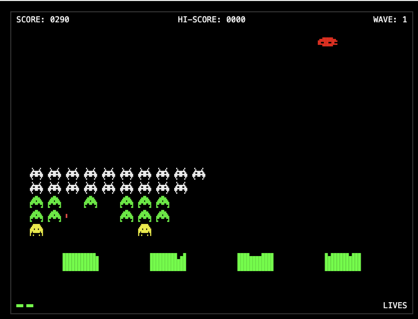 The game ran — score 290, UFO crossing the screen, the formation thinned and shields taking hits