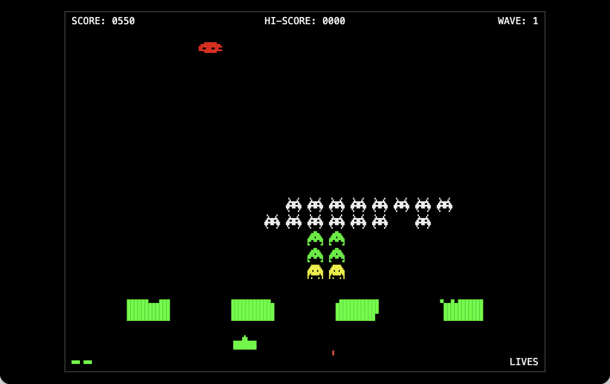 The fix worked — I played on to 550 points with the UFO still crossing and the formation well thinned