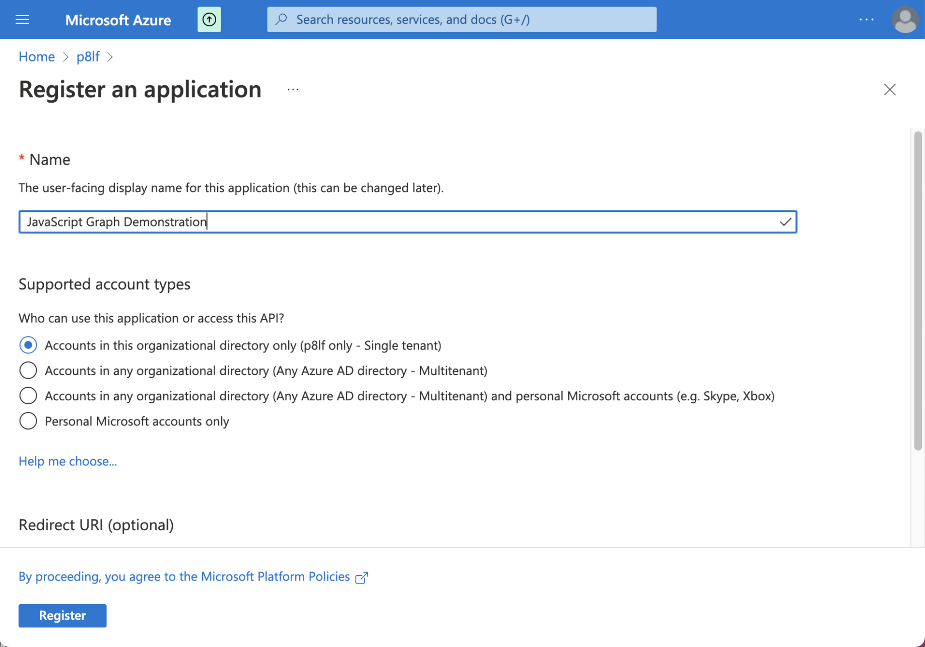 I entered the name of the console application and selected "Register"