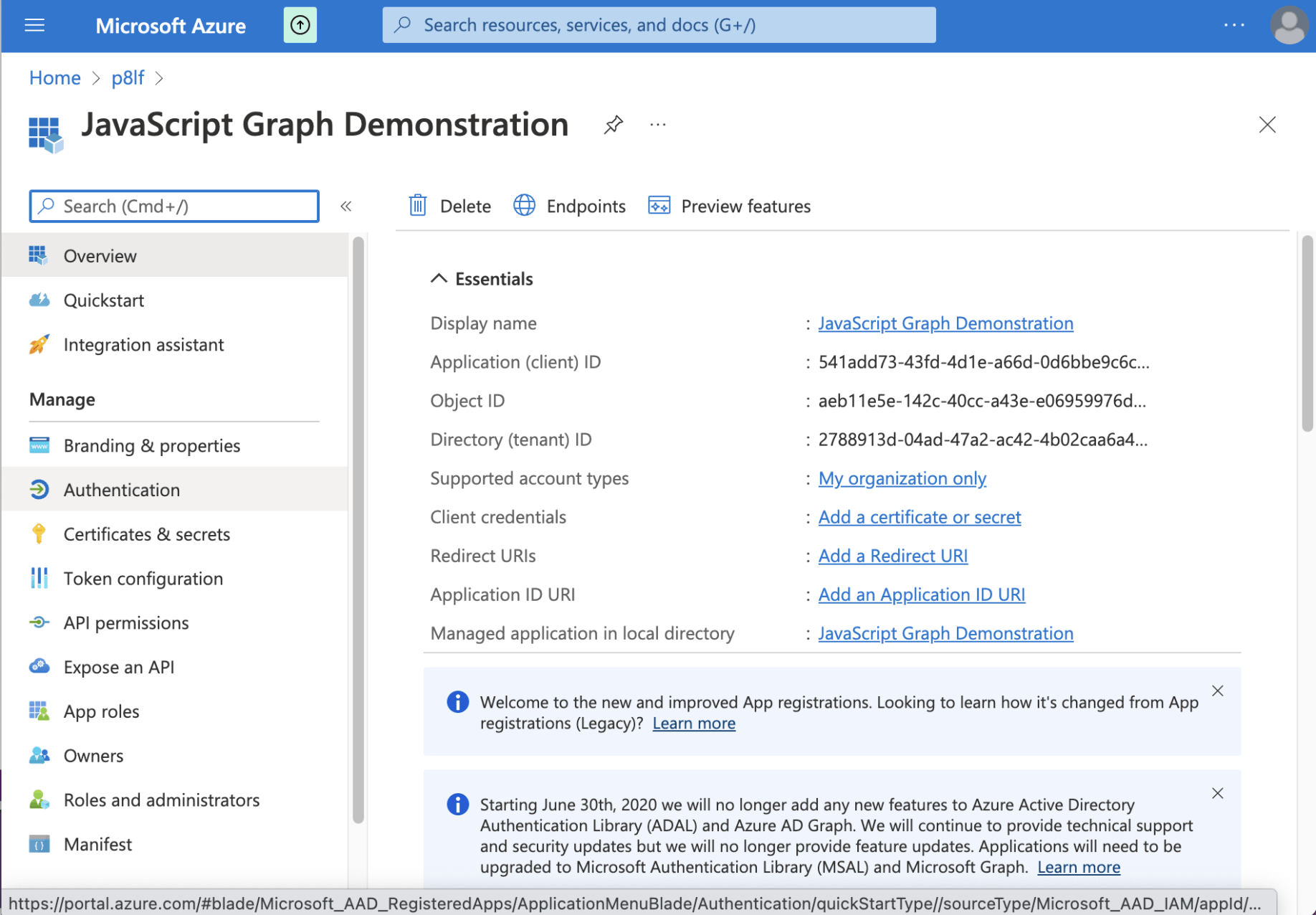 I made a note of the "Application (client) ID" and the "Directory (tenant) ID"