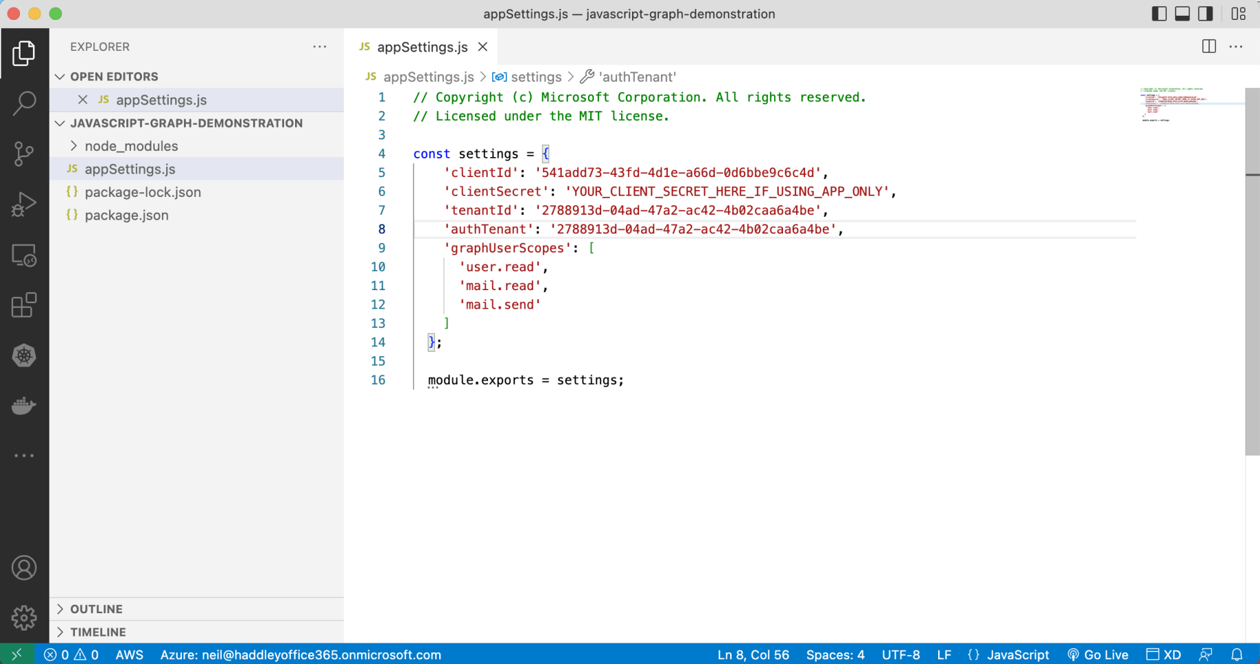 I created an appSettings.js file including the "Application (client) ID" and the "Directory (tenant) ID" values provided in the Application registration page. I included the required Microsoft Graph permissions (the "graphUserScopes").