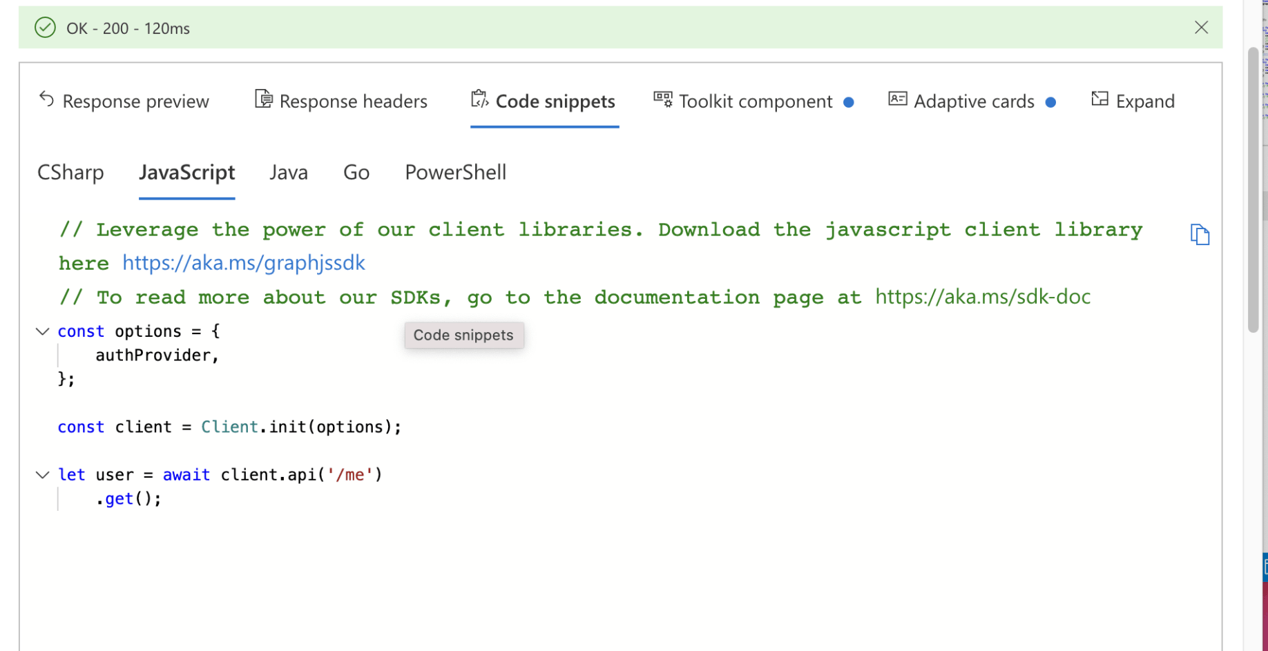 Graph Explorer Code snippet