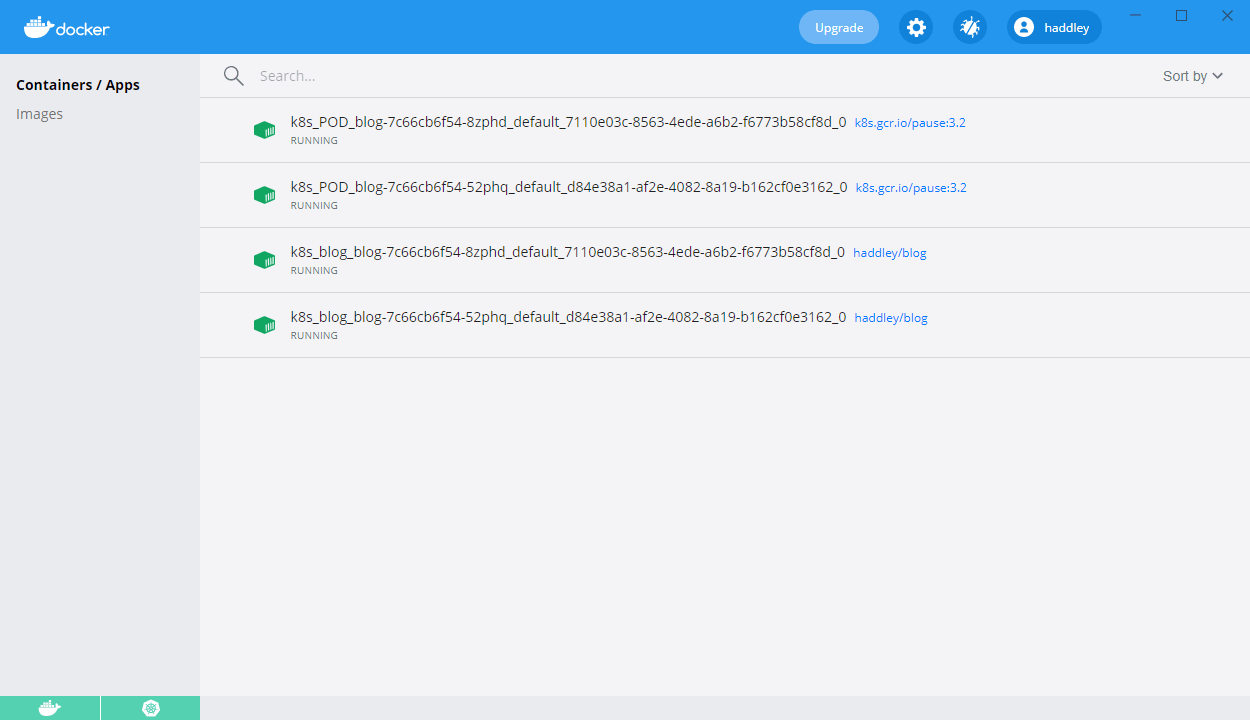 The Docker image running in two Kubernetes pods.