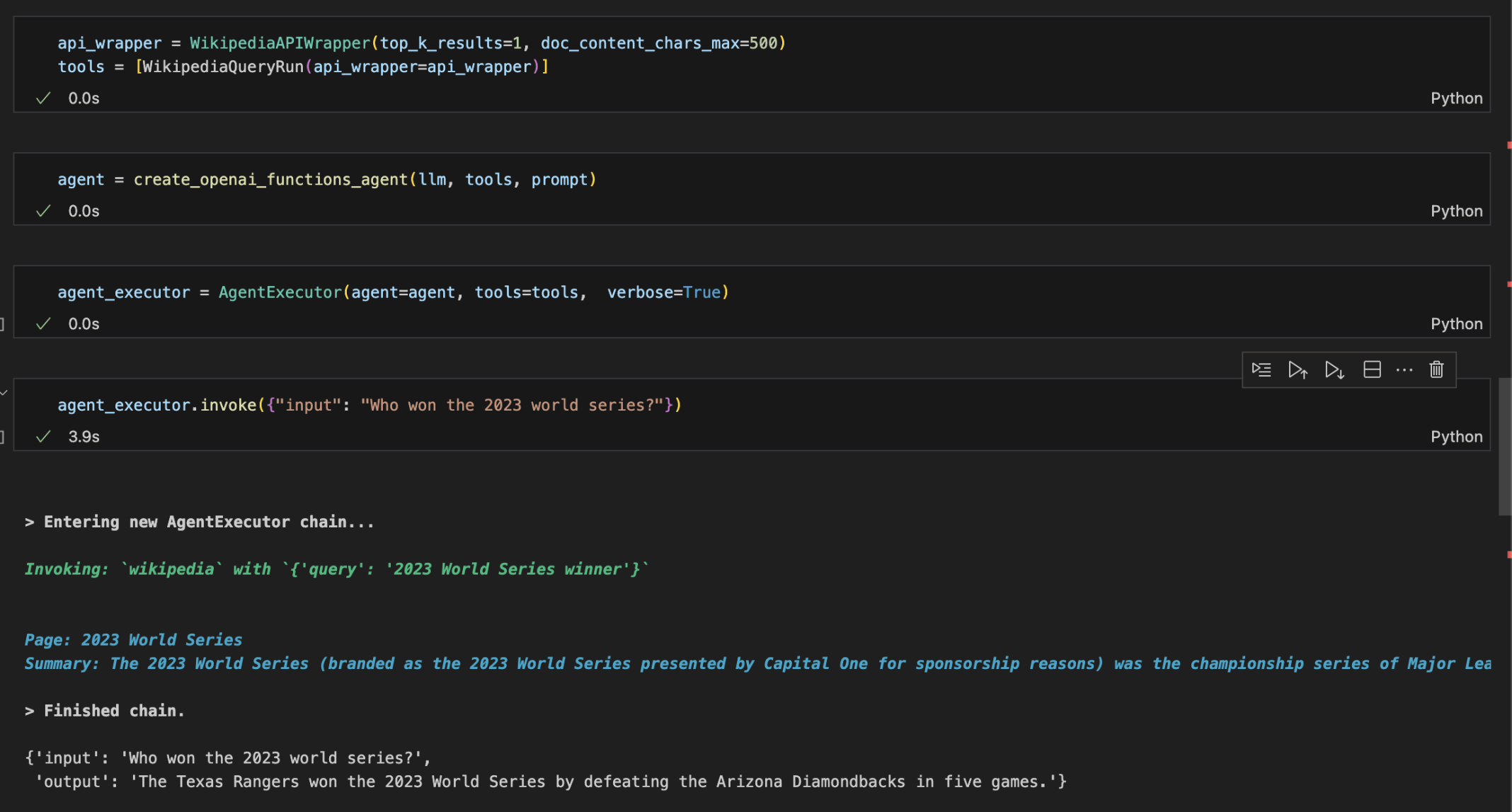 I created an agent, added the Wikipedia tool and invoked the agent (with verbose=True)