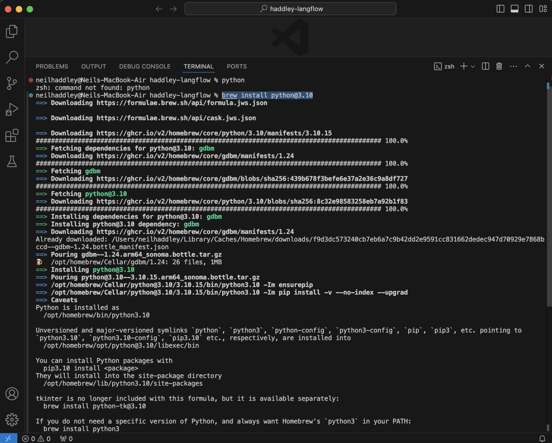 I used brew to install python version 3.10