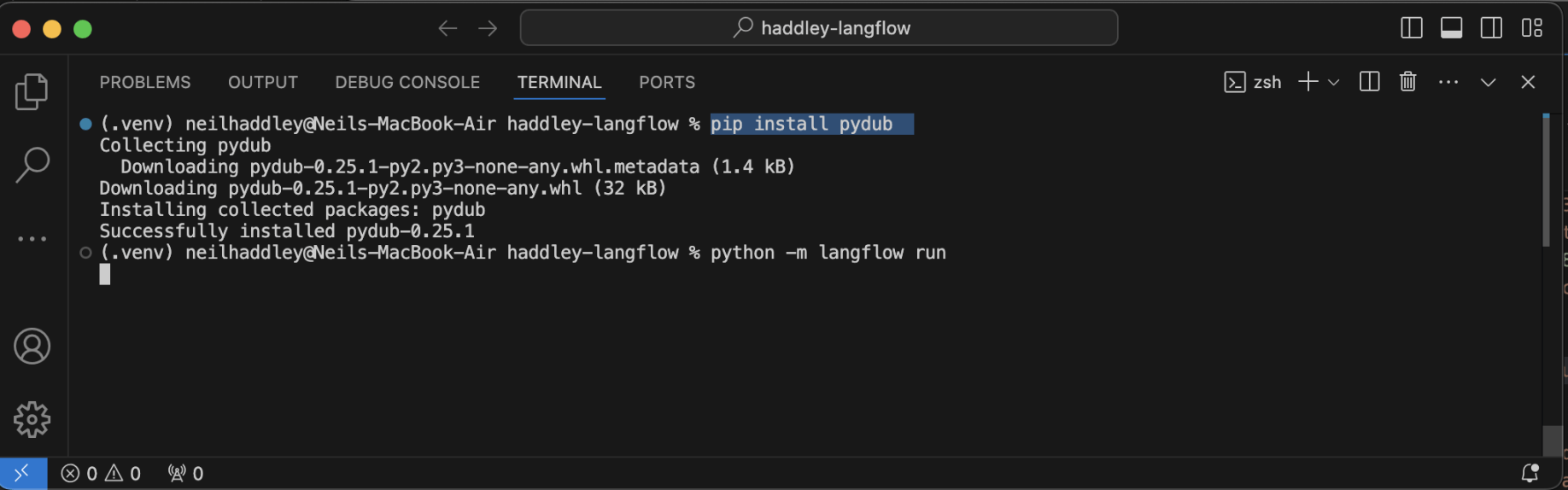 I terminated langflow and used pip to install pydub. I restarted langflow.