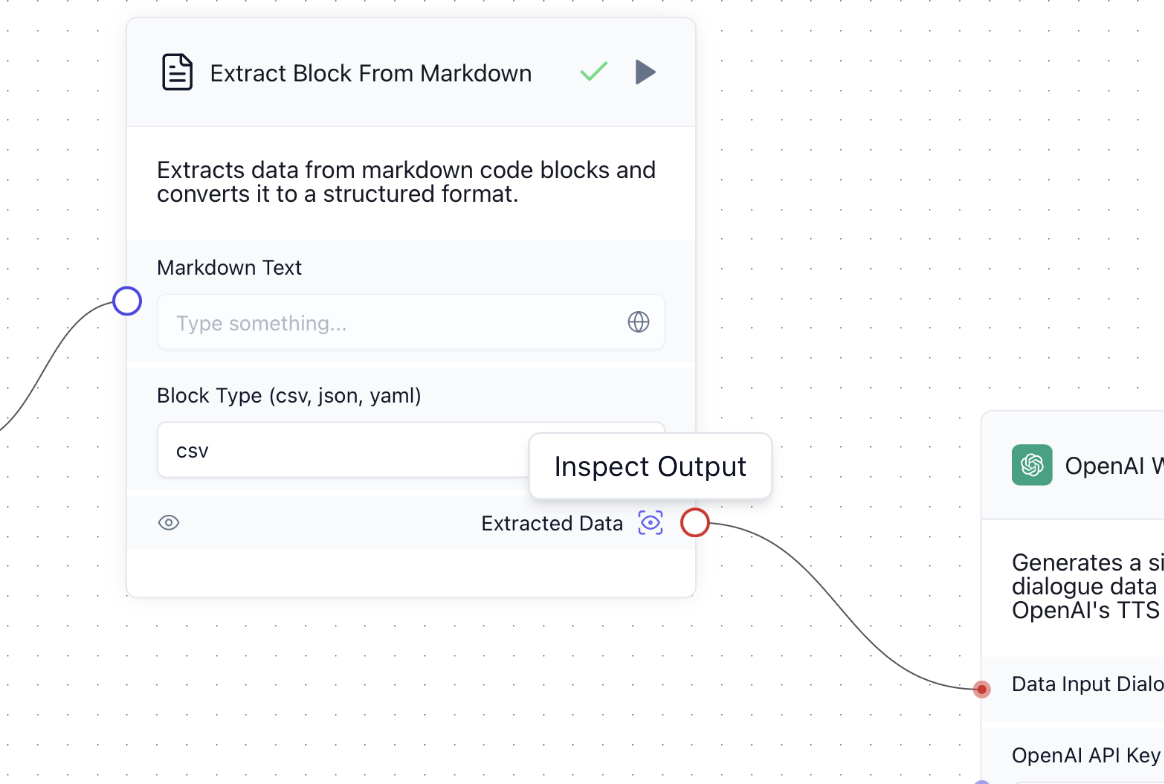 While I was waiting I clicked the Inspect Output menu item in the Extract Block From Markdown step