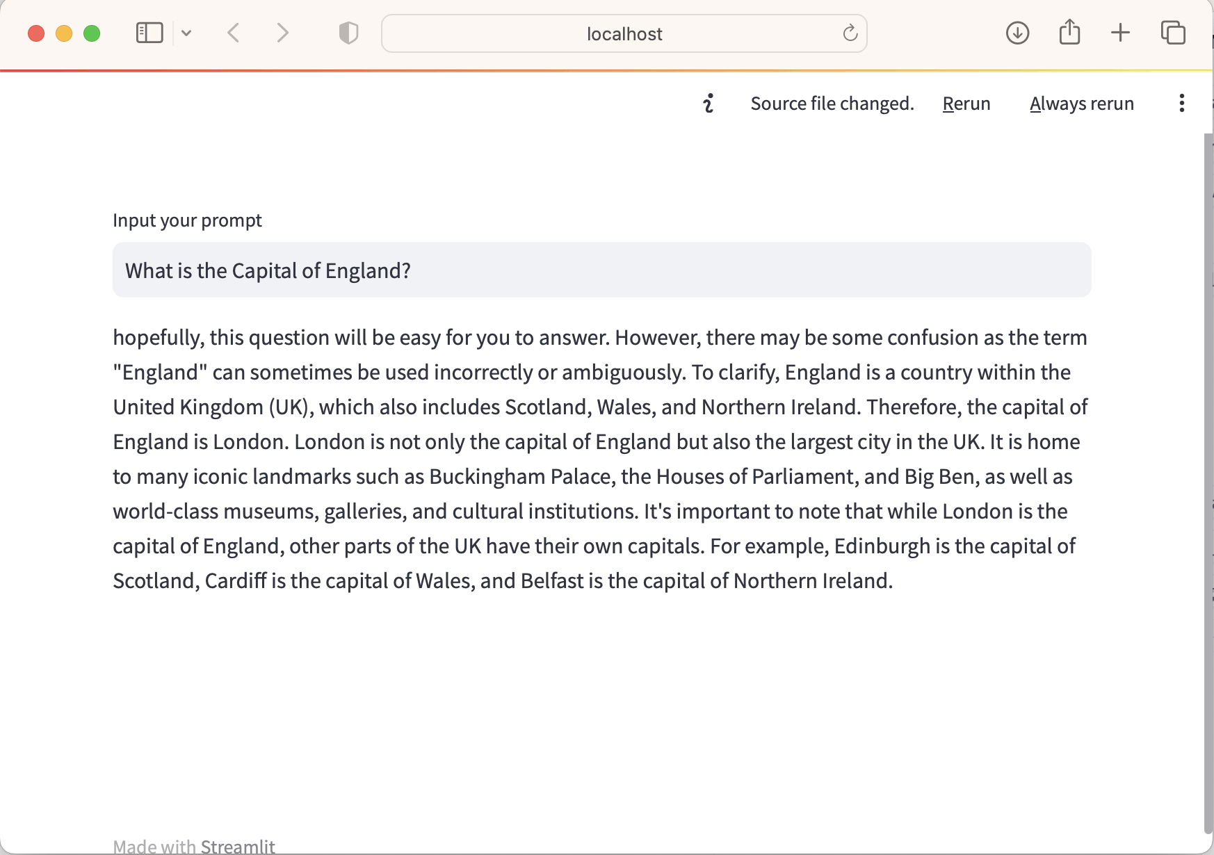 What is the Capital of England? First response.streamlit run app1a.py