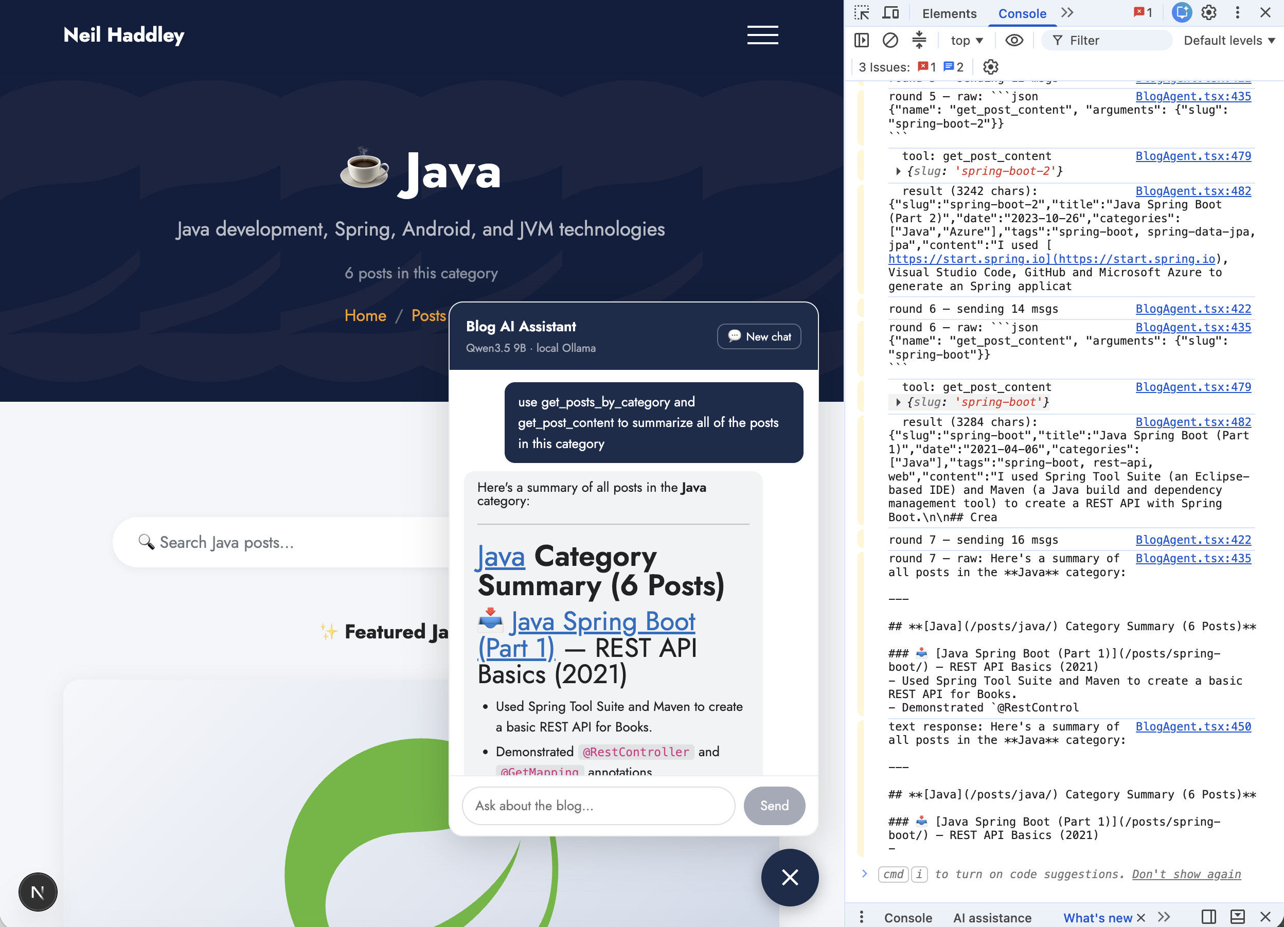 After seven rounds of tool use the agent produced a formatted Java Category Summary with links to all six Spring Boot posts