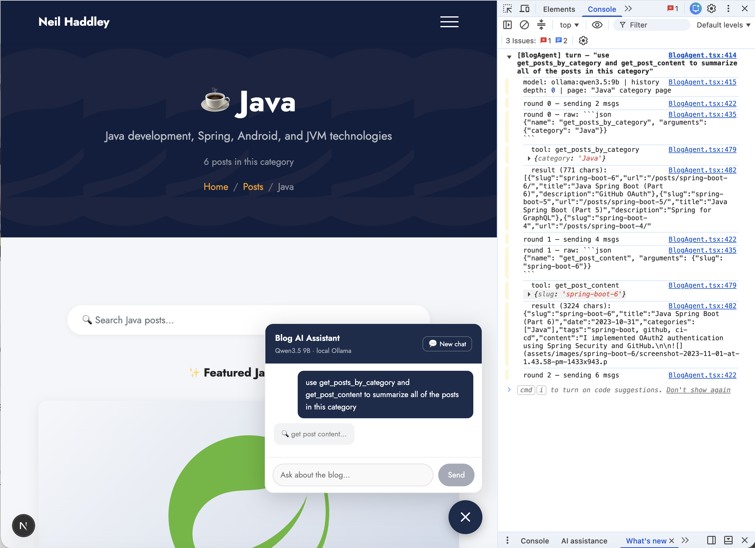 On the Java category page I prompted "summarize all posts in this category" โ DevTools shows Qwen3.5 9B calling get_posts_by_category then get_post_content for each of the six posts
