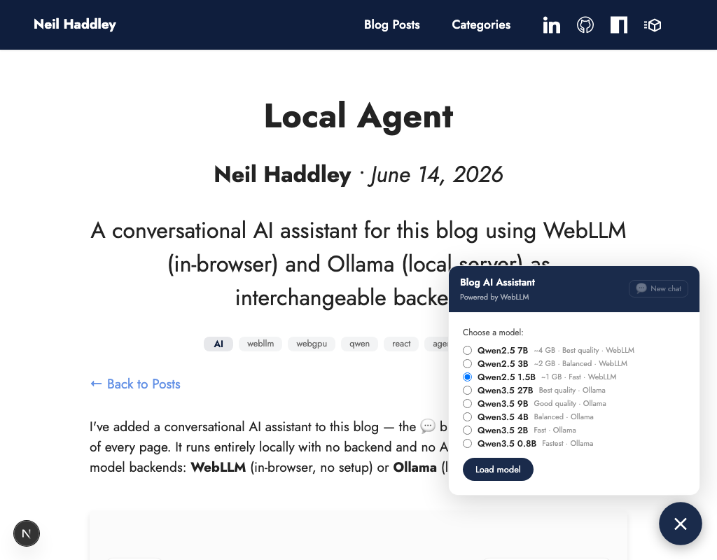 On localhost, the model selector shows all eight options โ three WebLLM and five Ollama