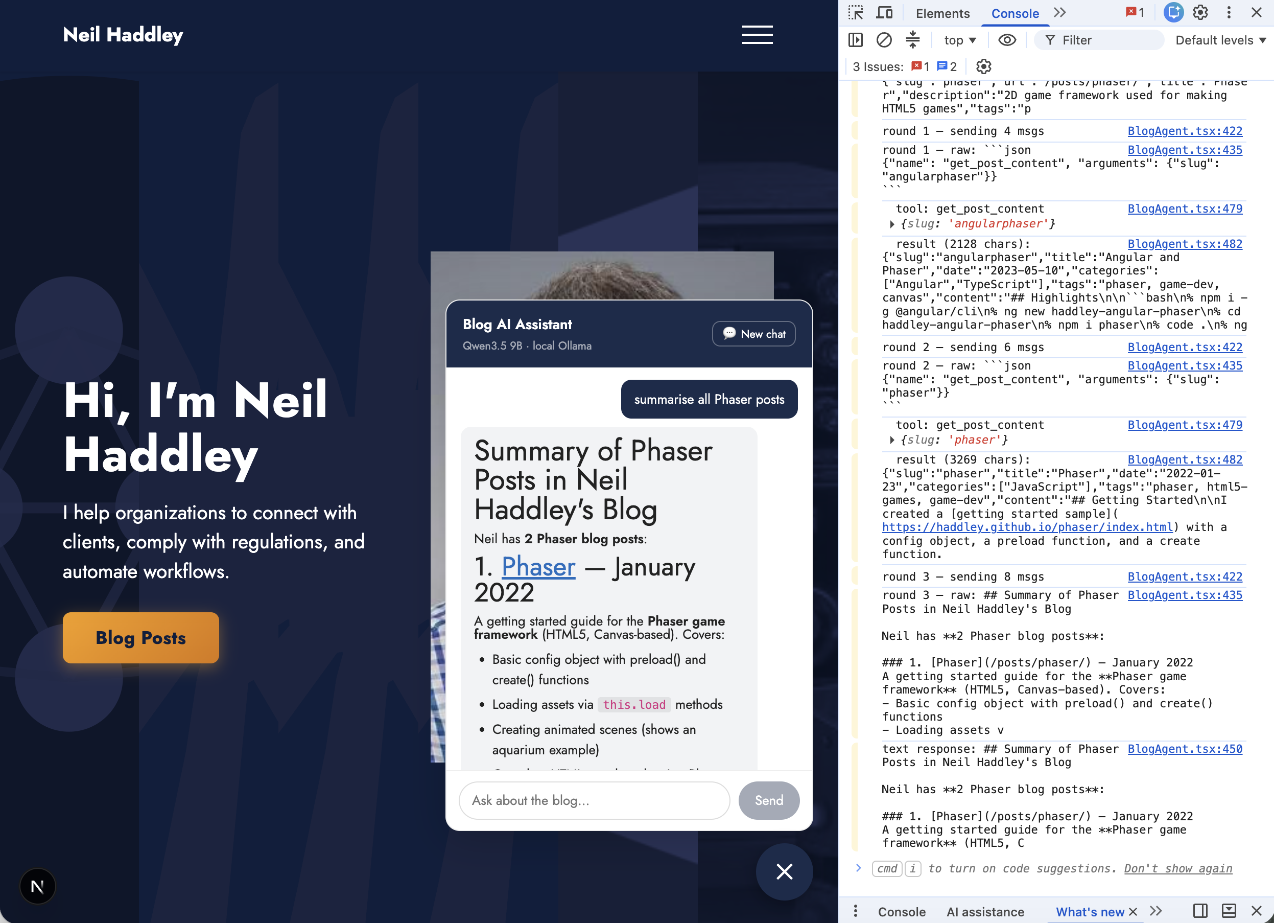 The agent produced a formatted summary of all Phaser posts with links