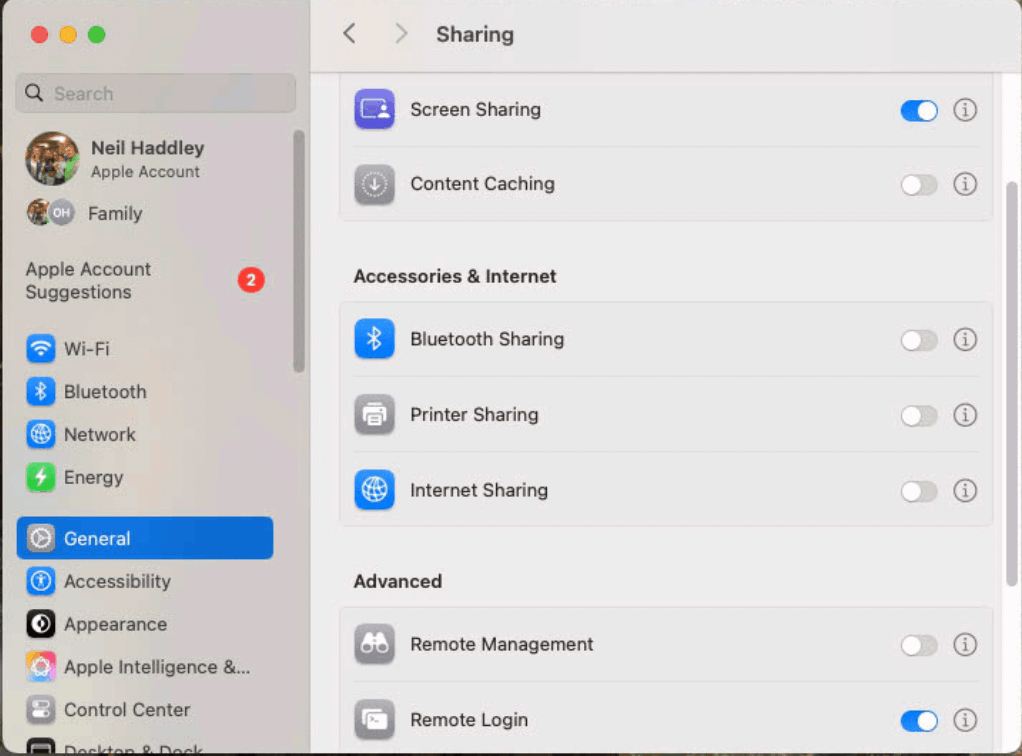 I enabled Screen Sharing and Remote Login