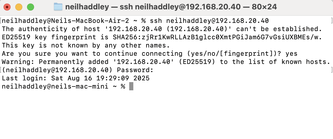 I connected to my mac mini using ssh