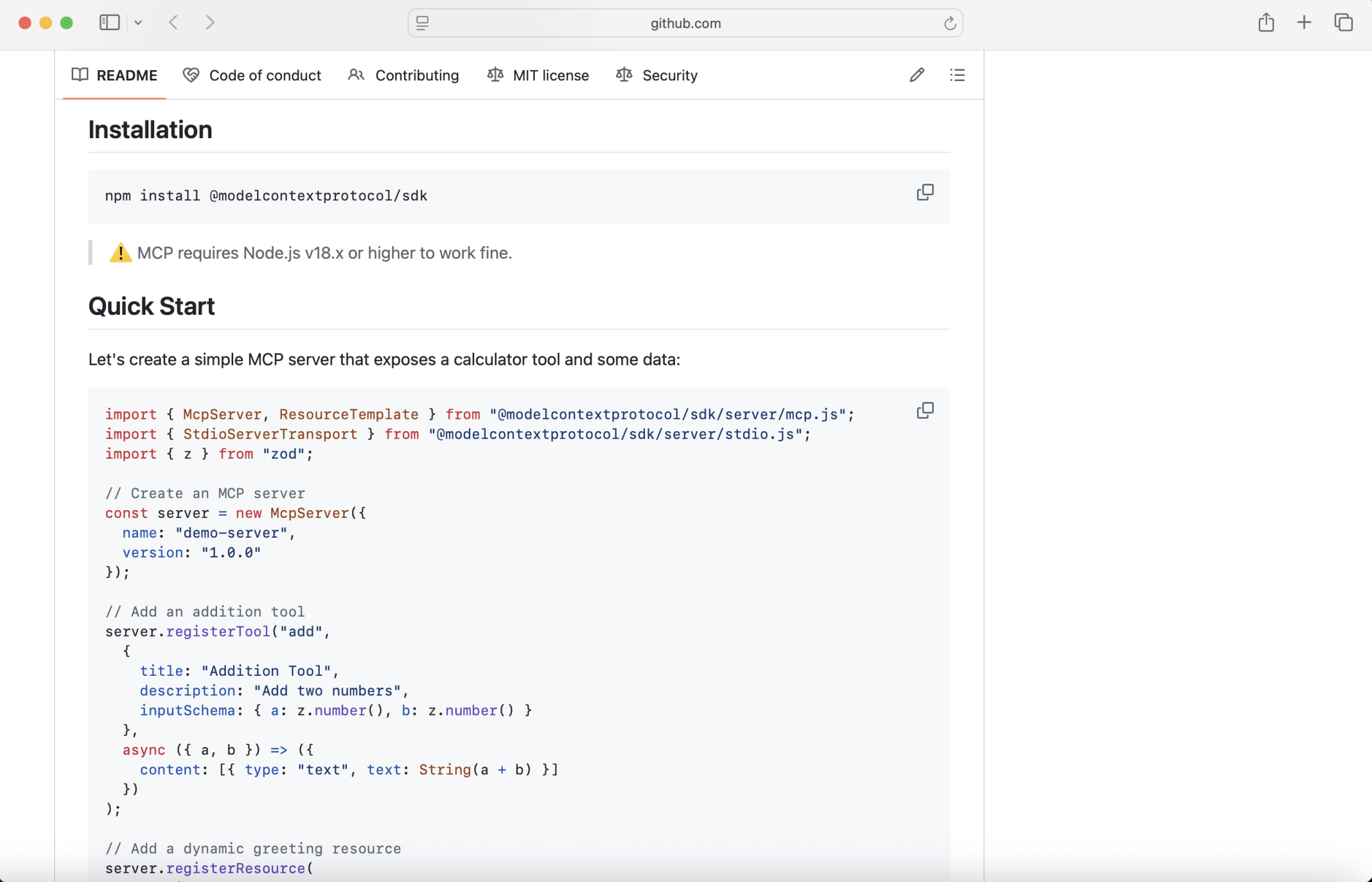 The model context protocol Typescript quick start demonstrates how to create a model context protocol server with an addition tool. I added a multiplication tool to the model context protocol sample (see the updated code below).