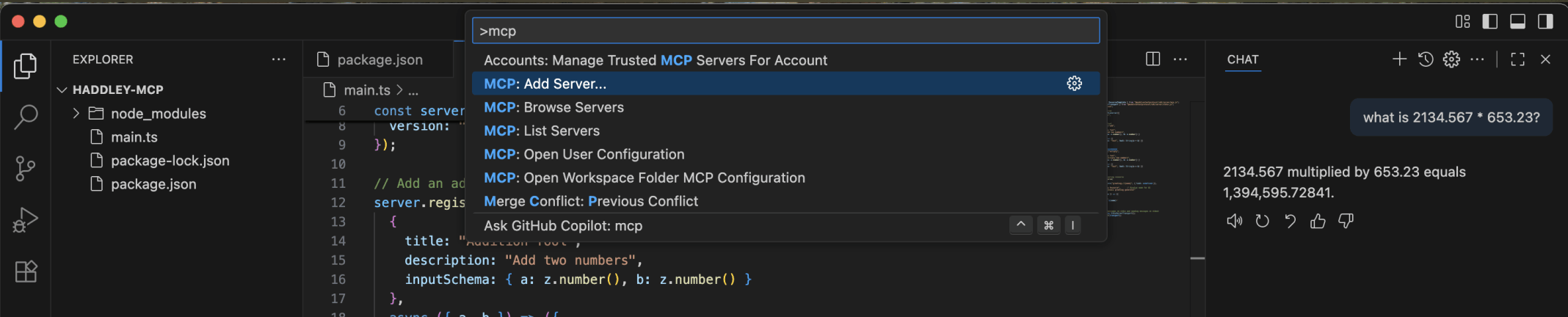 I clicked the Visual Studio Code Command Palette menu item and entered mcp