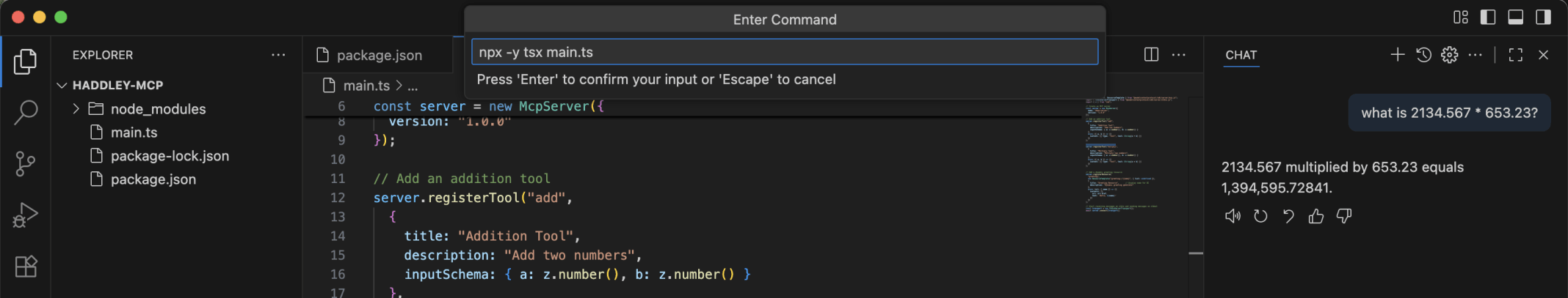 I entered the command needed to run the mcp server npx -y tsx main.ts
