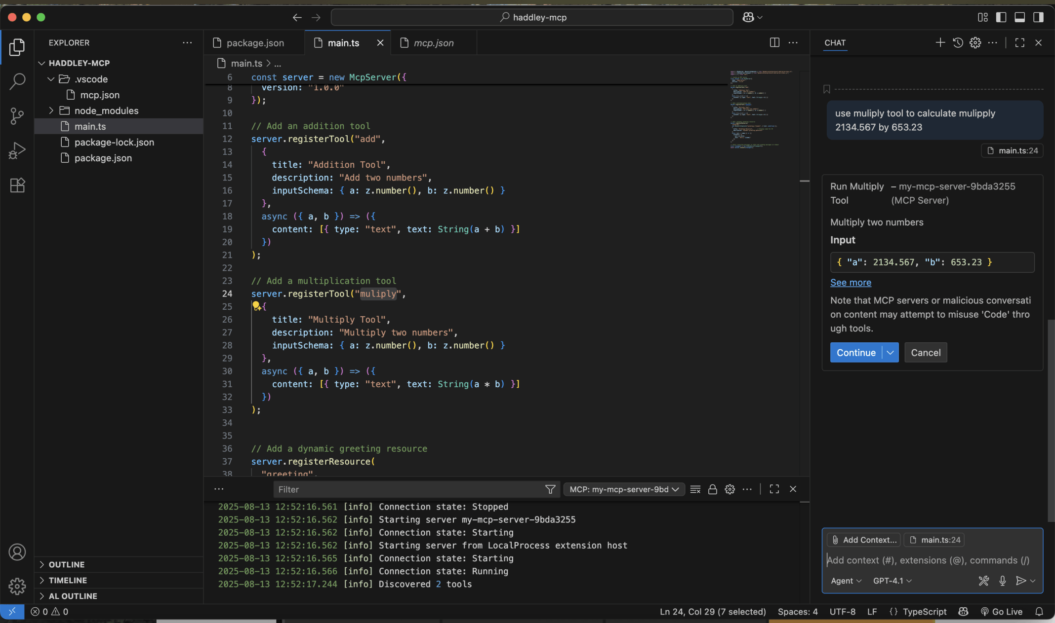I used Visual Studio Code's chat window to ask the Large Language Model to multiply 2134.567 by 653.23