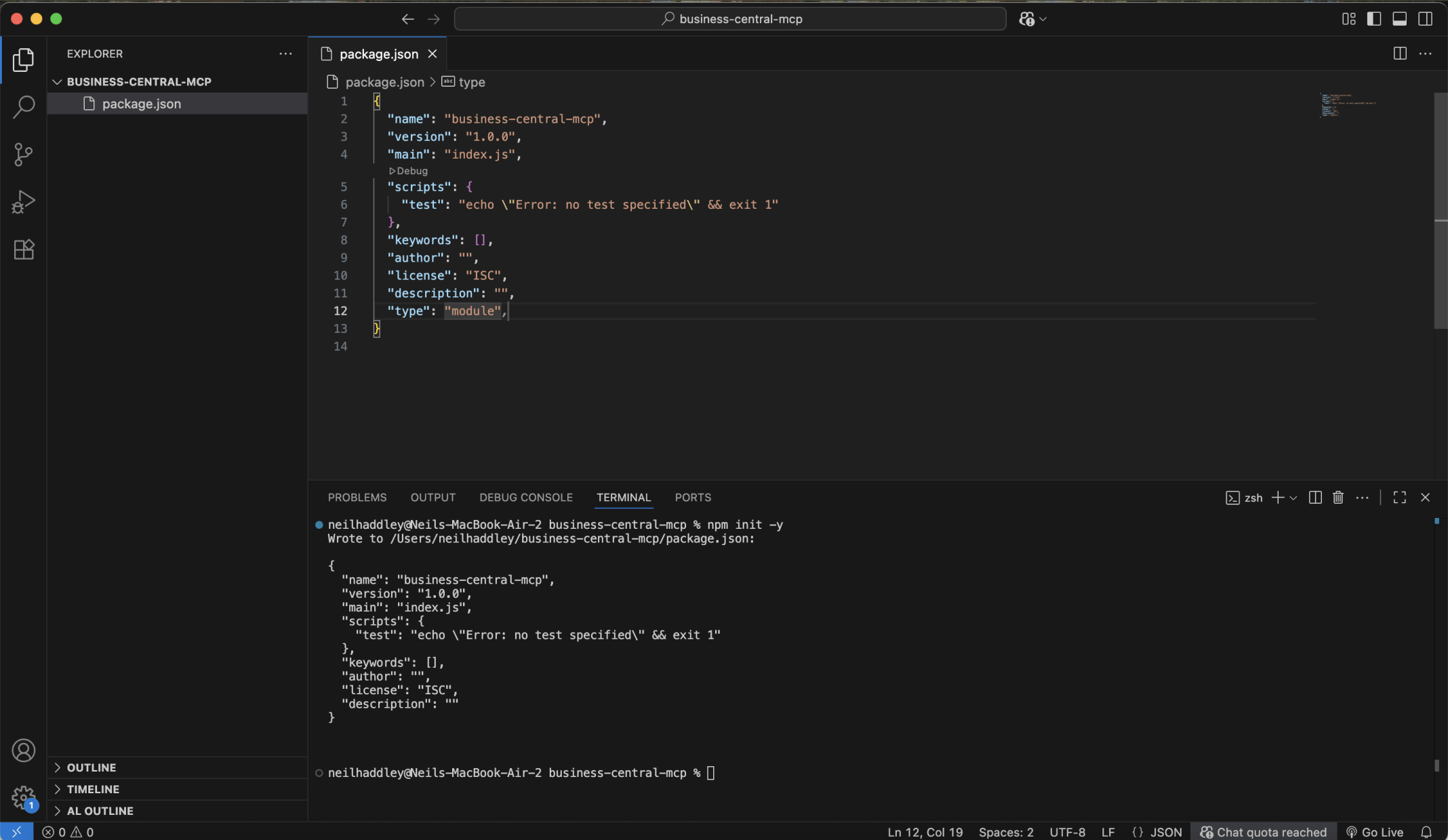 I created a business-central-mcp folder. I ran npm init -y. I updated the generated package.json file adding type: "module".