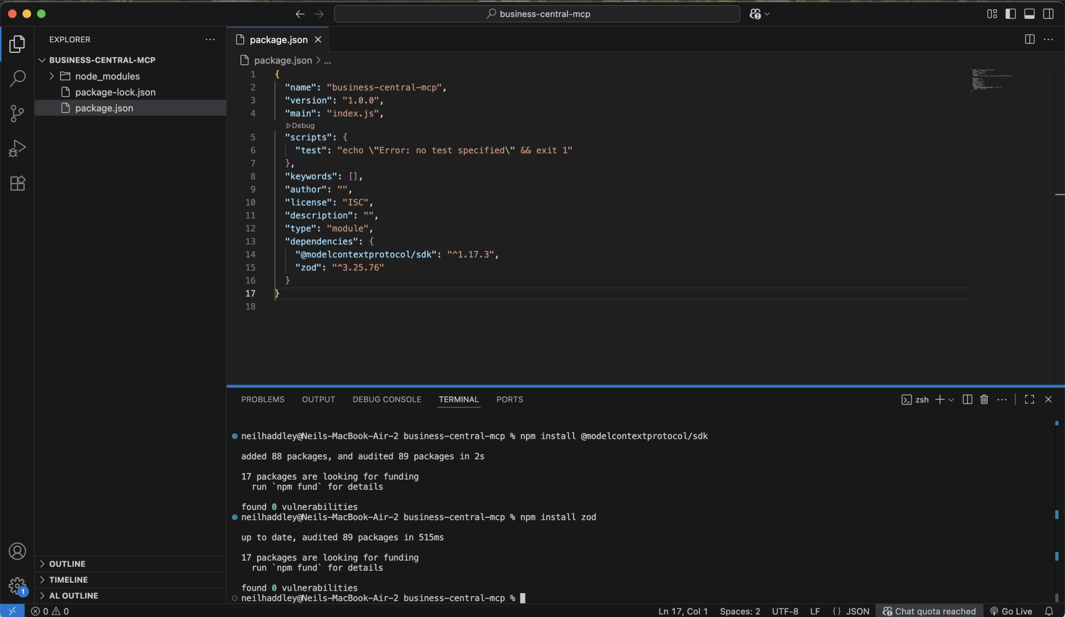 I ran npm install @modelcontextprotocol/sdk and npm install zod.
