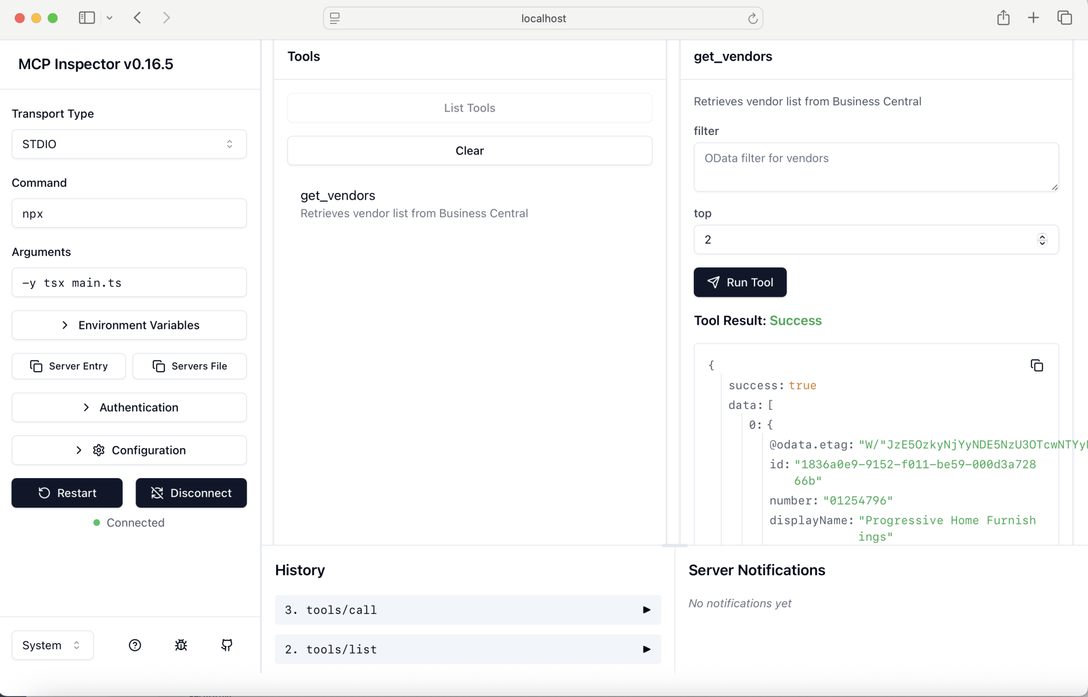 I ran npx -y @modelcontextprotocol/inspector npm run dev. The get_vendors tools returned success.Later I ran npm run build and then npx -y @modelcontextprotocol/inspector npm run start